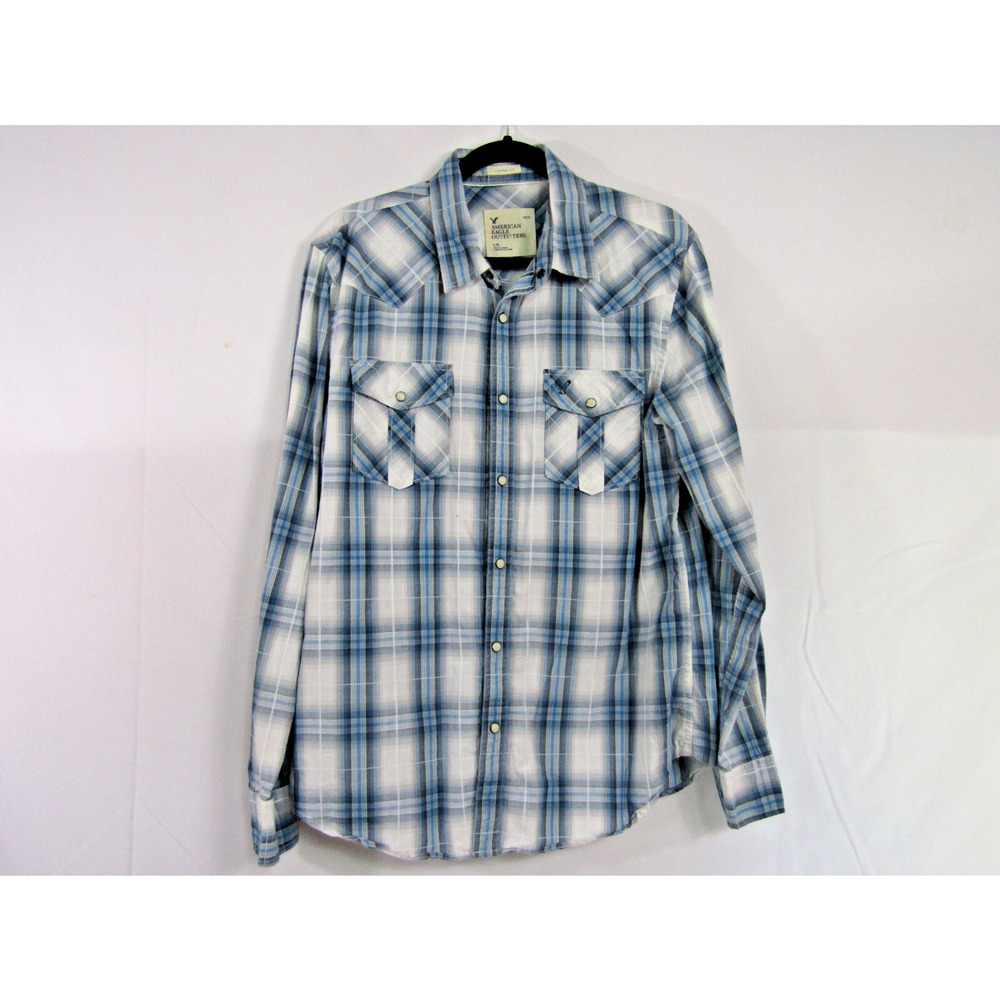 American Eagle Blue Plaid Snap Top sz L Cotton Country Barn Rodio Cowgirl Pocket
